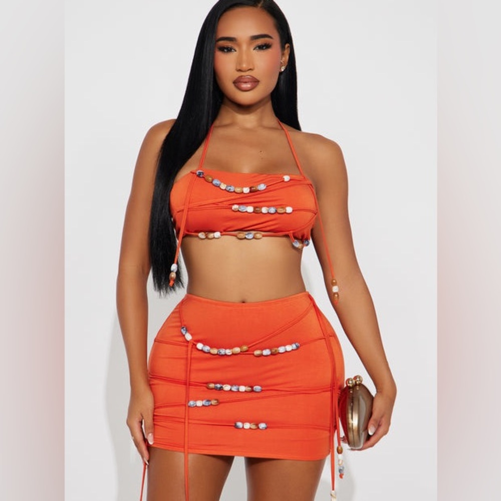 New Fashion Nova Hidden Gem Beaded Double Lined Peach Outfit Set Size Medium